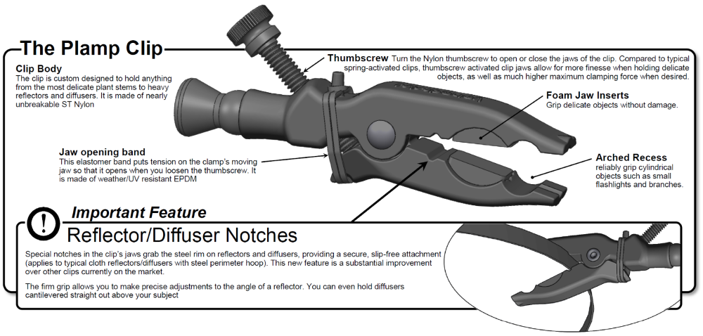 Wimberley Plamp II Thumb Screw Clip PP-211 features and proper reflector and diffuser use